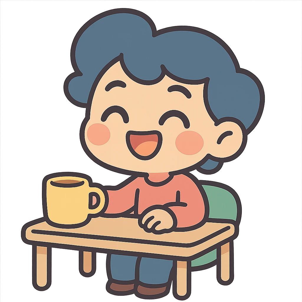 chibi character at a desk with a coffee mug, cheerful expression, pastel colors, cozy vibe emoji