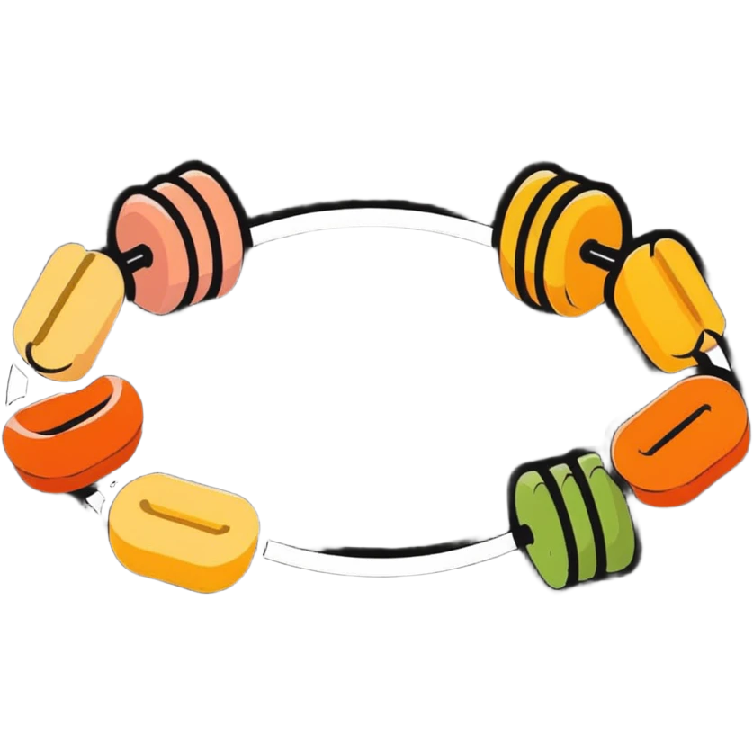 Vibrant muscle fibers in the center, with protein foods (meat, egg, beans, tofu, yogurt) connected together in a unified chain or cluster, floating together around the muscle fibers like a connected orbital ring. emoji