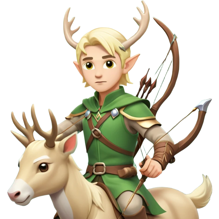 clash-of-clans-aesthetic-blond-male elf-archer-portrait-emoji, rendered in a flat, vector-style with minimal shading and bold, simplified shapes, head tilted slightly forward with a determined, focused expression, riding a majestic white stag whose antlers glow with mystical energy, set against an ancient, enchanted forest backdrop. emoji