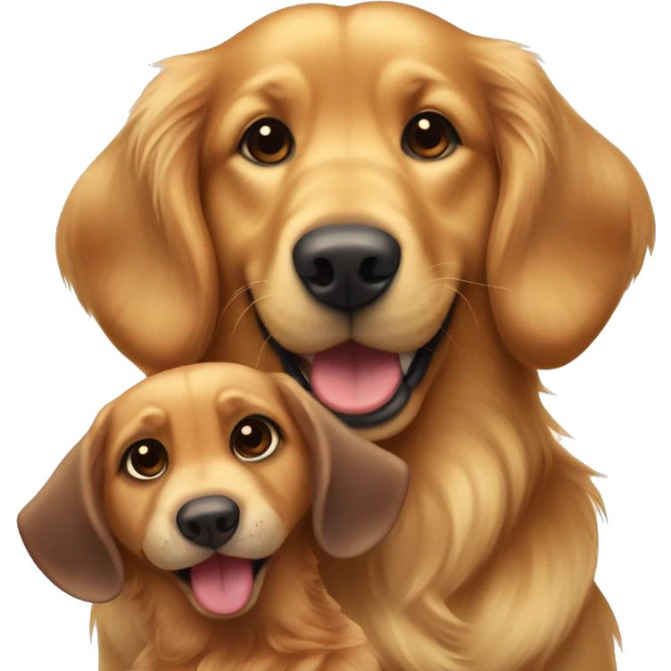 Golden retriever with a little thinking bump on head with a big smile on his face holding a brown dachshund stuffed animal toy emoji