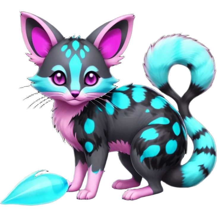 Fantasy abyssal pitch-Black-coated fur with glowing bioluminescent random cyan and magenta markings divine beautiful elegant pretty precious cute young youthful  Fakémon-Pokémon-alien-opossum-feline-serval-caracal-chinchilla-Minccino-hybrid-creature with a big fluffy bushy striped tail (full body) emoji