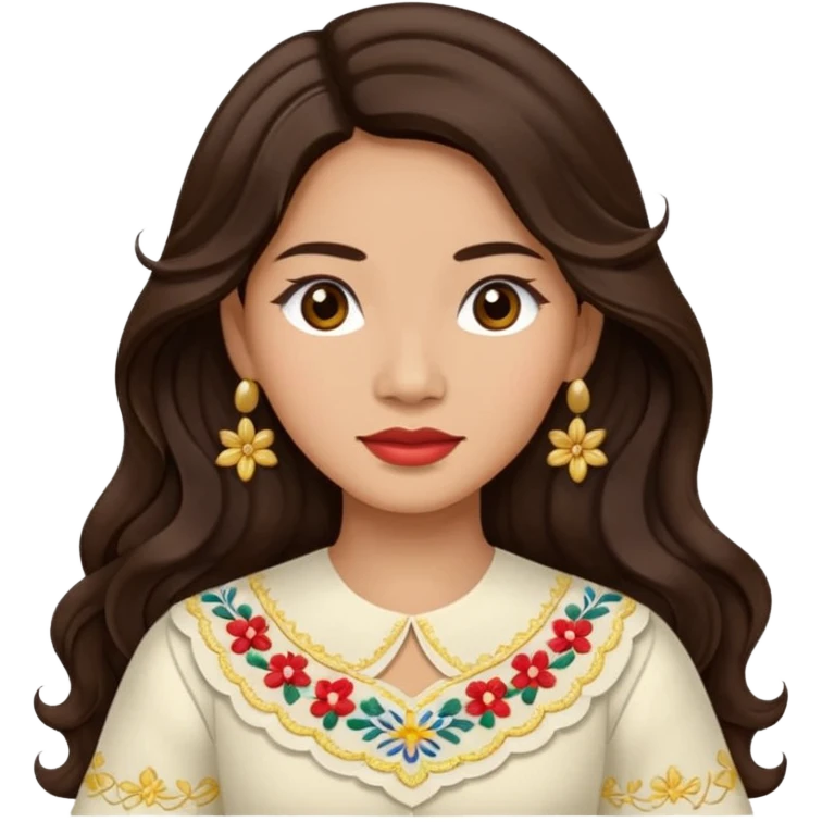 Filipino woman with long dark wavy hair parted in the middle wearing a traditional filipiniana emoji