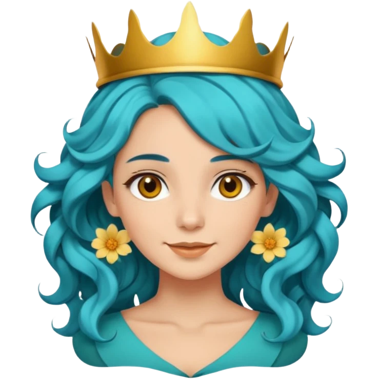 A woman with wavy teal-blue hair styled in loose curls. Her hair is adorned with large golden-yellow flower petals that resemble a crown. She has soft brown eyes, smooth skin, and a small friendly smile on her face. emoji