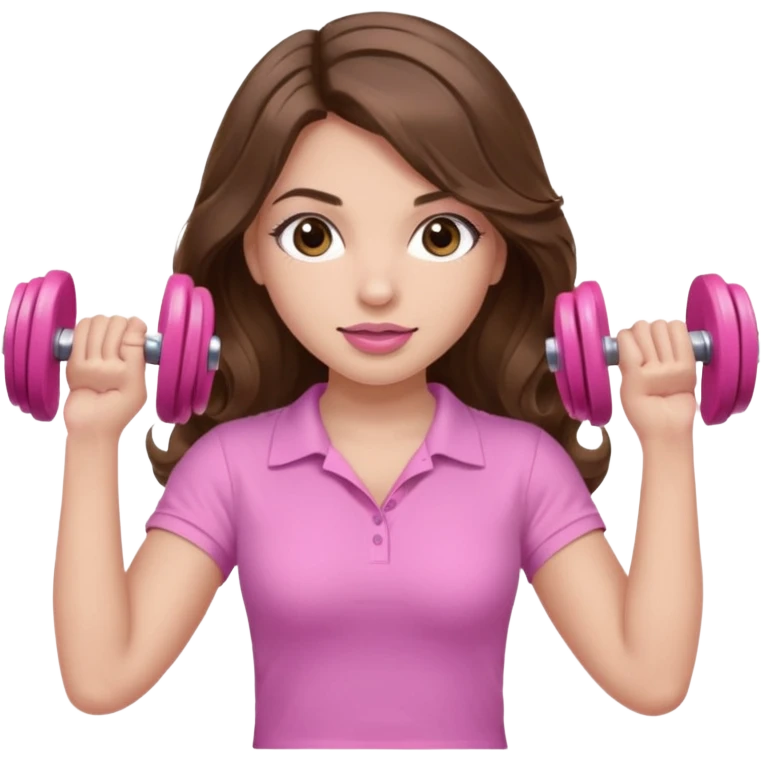 girl with wavy long brown hair, brown eyes, light to medium complexion, long lashes, light pink lipstick, wearing light pink shirt, lifting a pink dumbells emoji