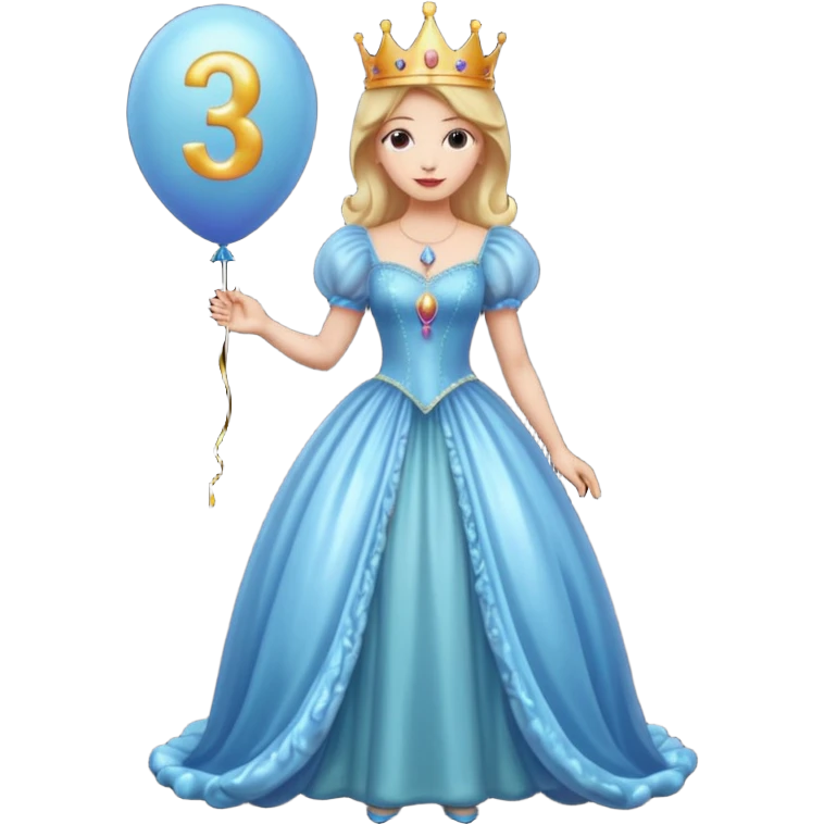 queen wearing dress, holding balloon in shape of number 3 emoji