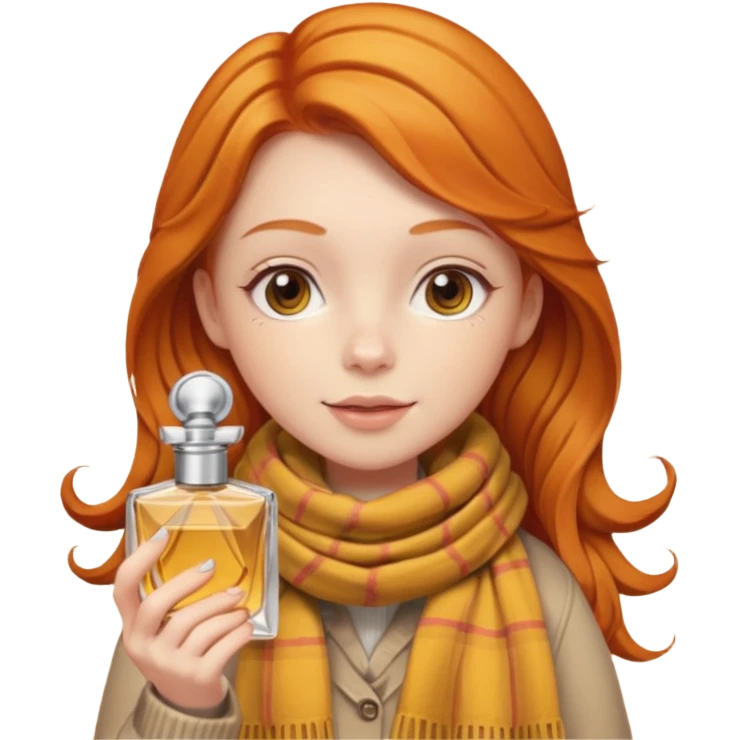 Ginger girl , cute, perfume in her hand, in autumn  emoji