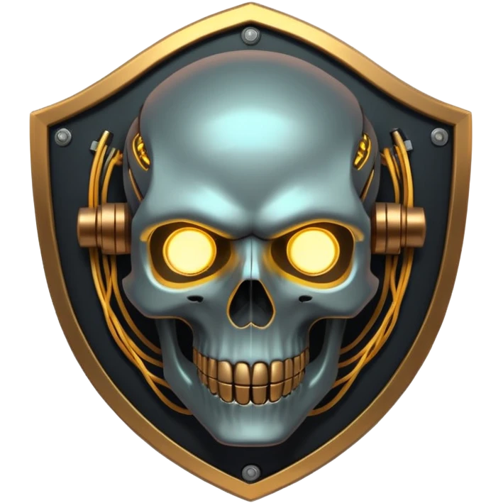Cyberpunk shield, skull with cybernetic implants, glowing wires, dark electric silver and gold tones, no background emoji