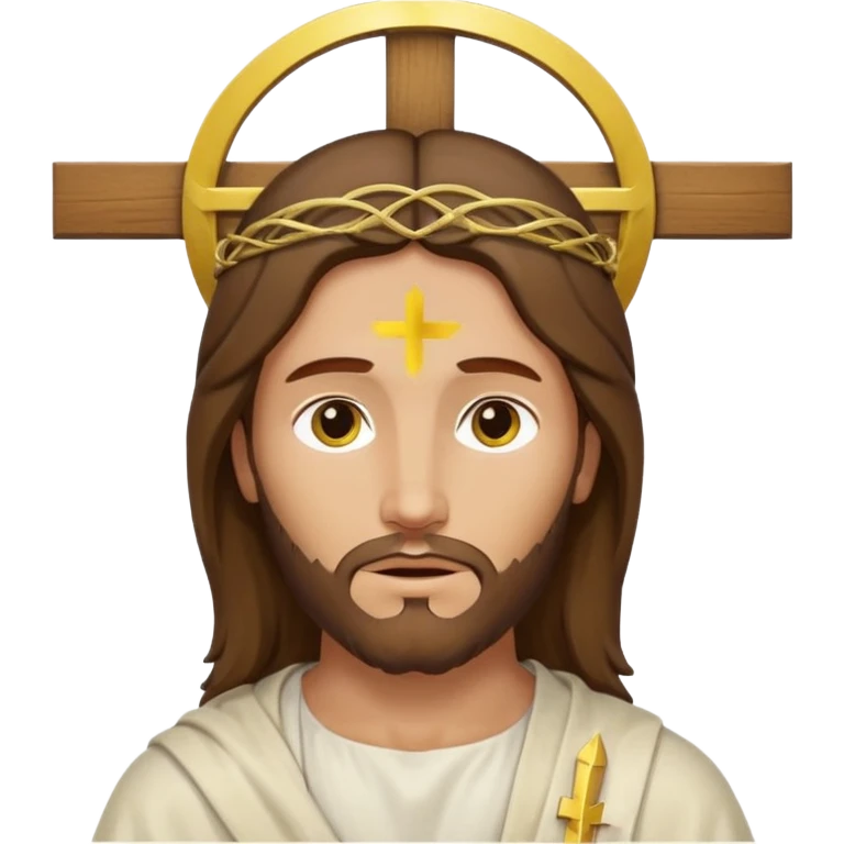 Christian cross with a halo above it and Jesus Christ on it, simplified, iconic, yellow face, gentle expression emoji