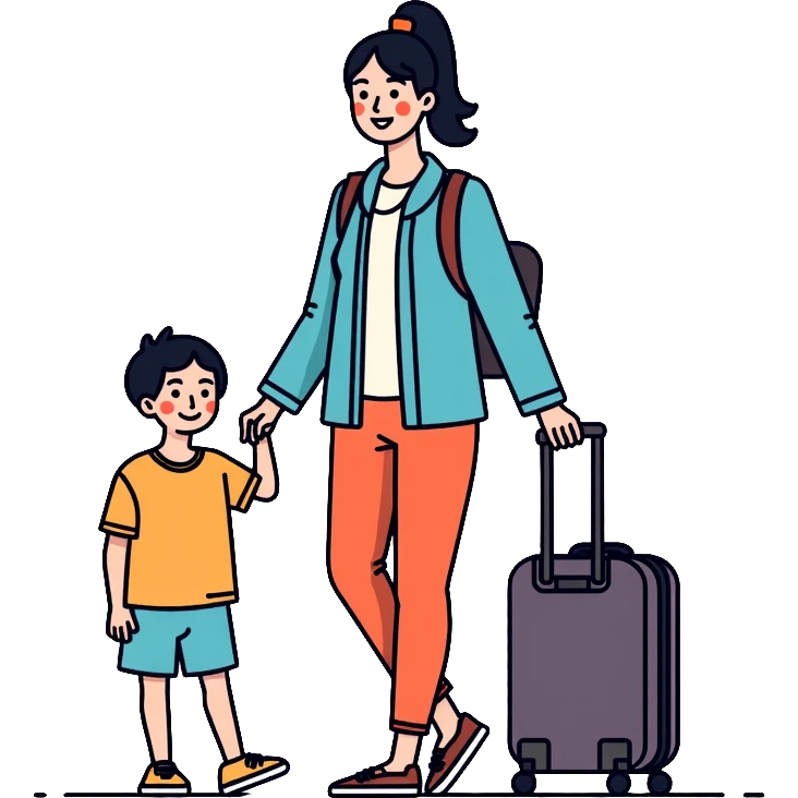 Asian tourist with suitcase, travel outfit emoji