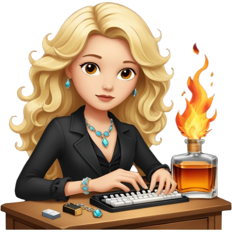 A sketchnote illustration rendered in a strong moody style, featuring a blonde woman with cascading gorgeous hair, a keyboard, a whiskey bottle, a key, a jewelry box, and fire elements against a black background. The lighting is low with low contrast, emphasizing dramatic shadows. emoji