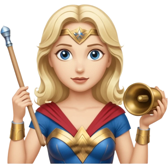 Blonde blue eyed Wonder Woman holding white orchestra conductor’s baton and bell emoji