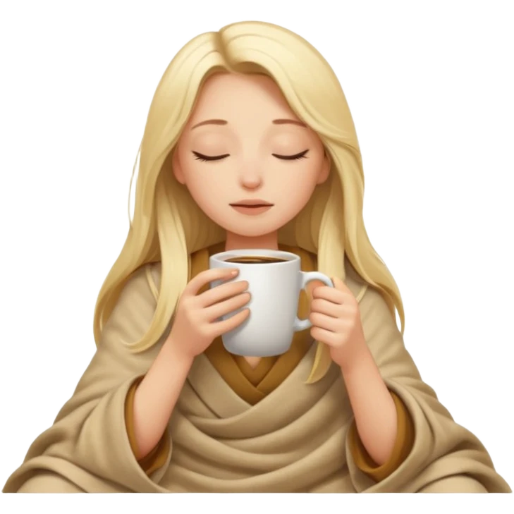 Blonde girl long hair inside a beige blanket sipping coffee eyes closed emoji