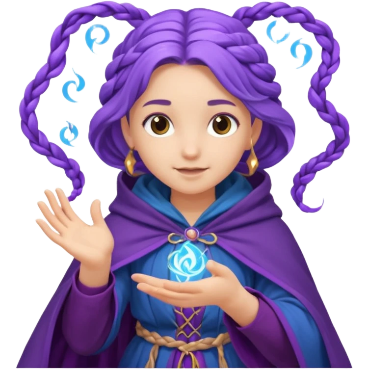 A playful mage girl with braids, purple cloak, and magic swirling around her hands.
 emoji