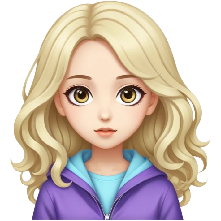 Pretty stylish anime character, real life, big eyes, cute, gorgeous hair, full body, stylish clothing, lady, young, romantic, colorful, detailed, cool design emoji