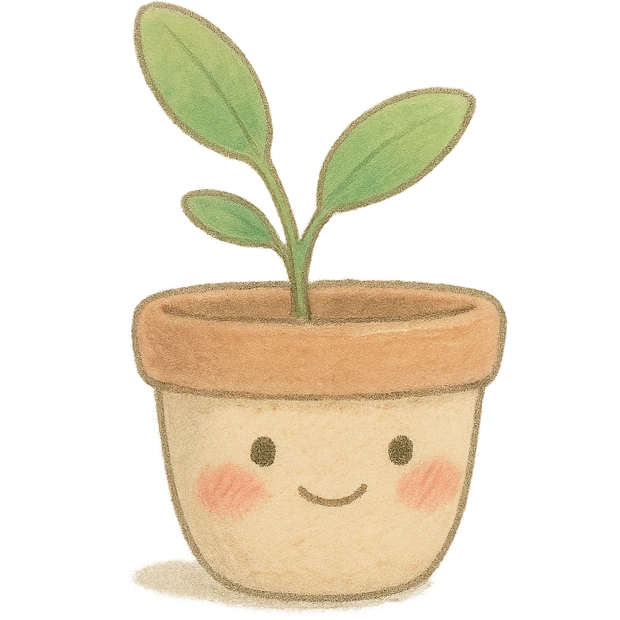 tiny pastel plant pot, Japanese soft hand-drawn, full object, with blushing cheeks emoji