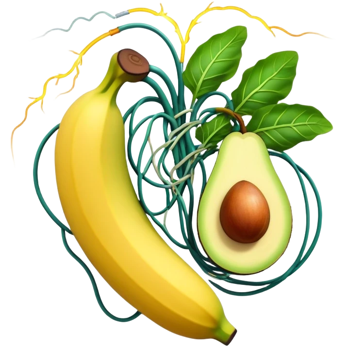 Banana, avocado, potato and leafy greens emitting electrical sparks that flow toward a heart and nervous system. The electrical currents connect the potassium-rich foods to muscles and nerves, highlighting potassium's role as the body's electrical rhythm keeper. emoji