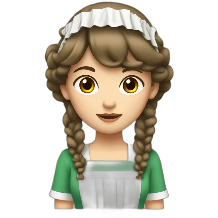 Maid with white skin, brown eyes and brown hair and bangs and side parted hair on her head with green headdress emoji