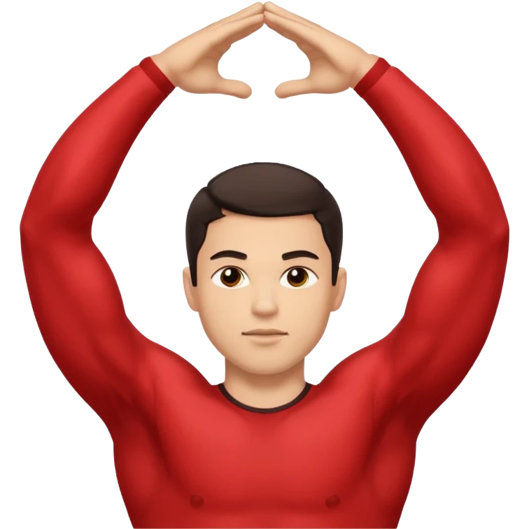 man with light skin and dark hair stretching arms above head emoji