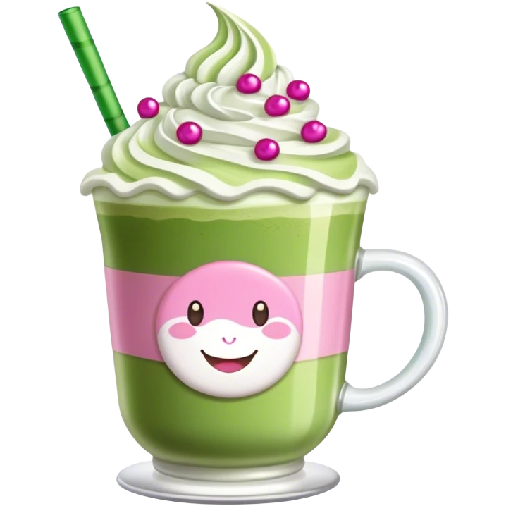 Make a matcha latte with whipped cream and fancy pink decorations  emoji