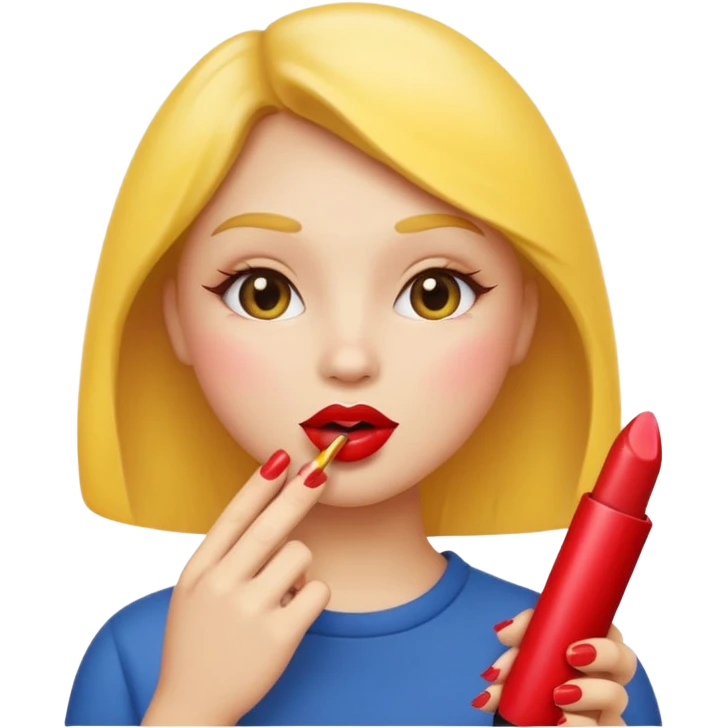 classic yellow round emoji face applying lipstick, simple features, lipstick in hand, playful expression emoji
