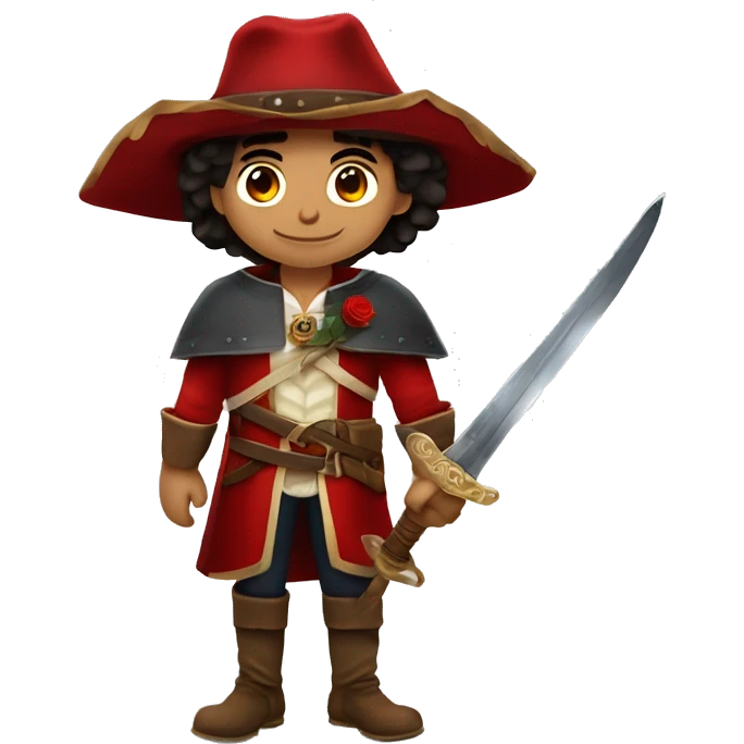 canela skin boy dark hair musketeer with hat and red rose shoulder medieval cape and sword and red feathers in the hat emoji