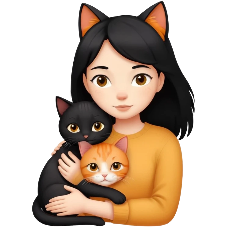 A black-haired girl hugs a ginger cat and A black cat emoji