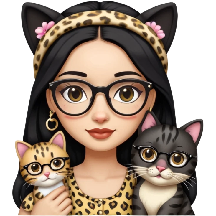 A woman with a cute face and long black hair, wearing a head accessory in a Western-style look. She has stylish makeup on and wears glasses with leopard-print frames. She’s dressed in a beautiful, charming sundress. She’s lovingly holding a black-striped cat  holding it in a sweet, affectionate way. emoji