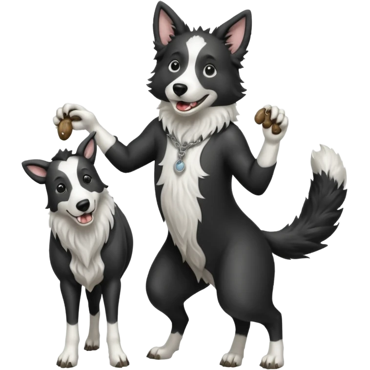 A black and white border collie werewolf, standing on her hind legs, holding a cow's hoof. emoji