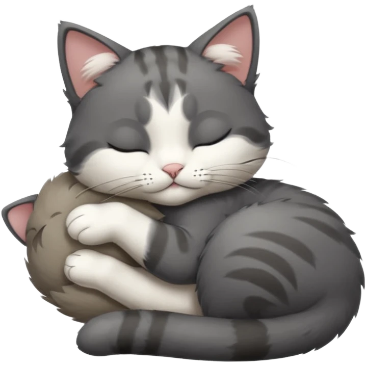 dark grey and white small cat with closed eyes, leaning his head on his paw while leaning on his elbow lying down emoji