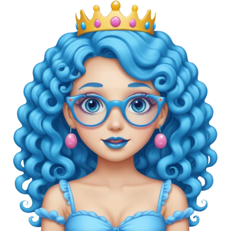 blue long curly haired princess of the candyland, with candy makeup candy glassess and just face emoji