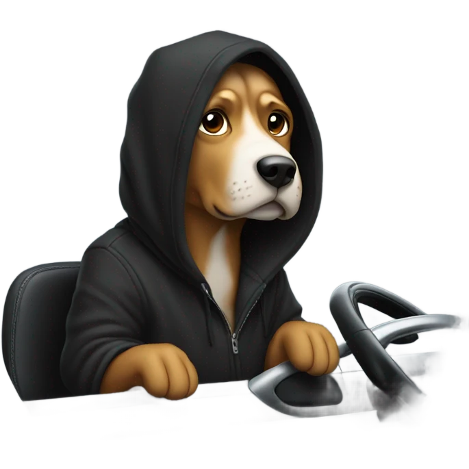Person wearing black hoodie with dog on it draving a car  emoji
