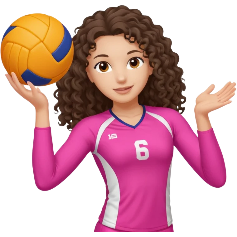 white brunette volleyball player with long curly hair wearing a pink outfit and ONE orange AND white ball emoji