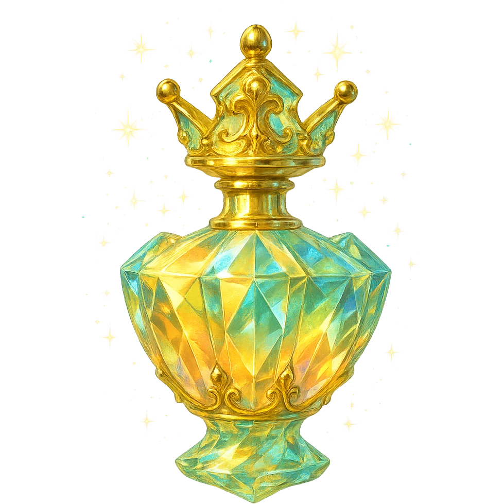 premium class crystal elixir bottle shaped like a crown, pastel gradient of yellow, orange, and green, lots of shine, facets, ornaments, golden details, magical effects, very small golden neck, transparent background, beautiful merging base, clearly floating in air, no base or shadow, very luxurious, interesting design, fits a collection emoji