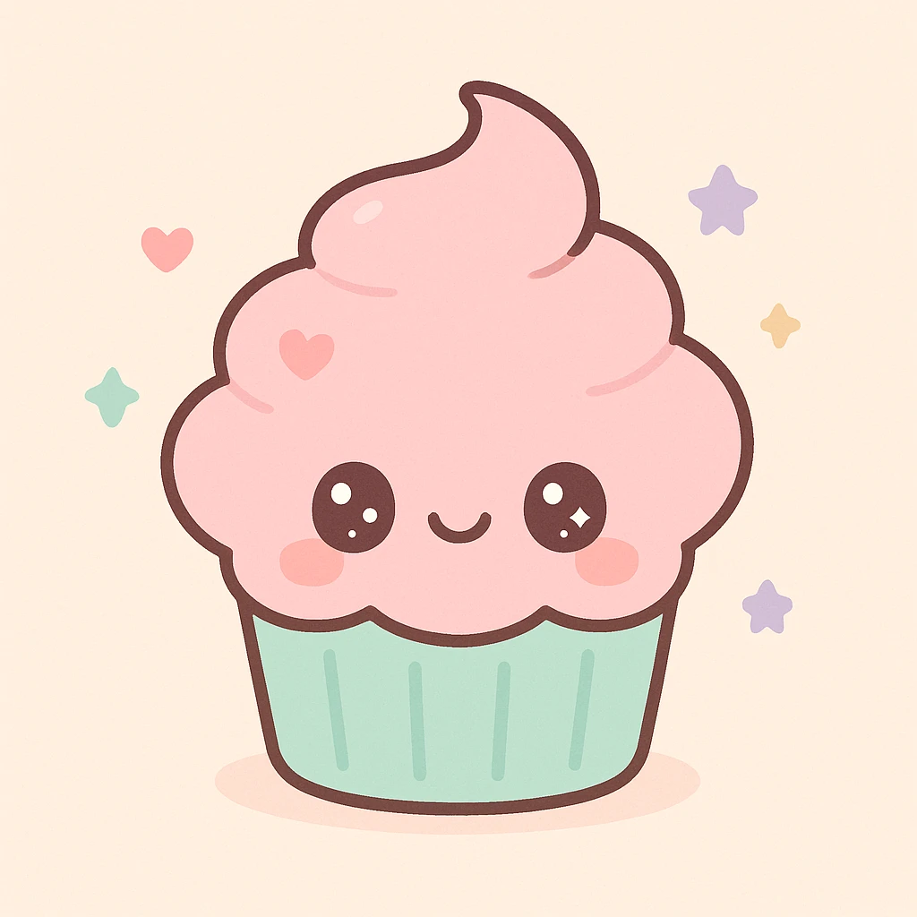 cupcake with pink icing, kawaii cute style emoji