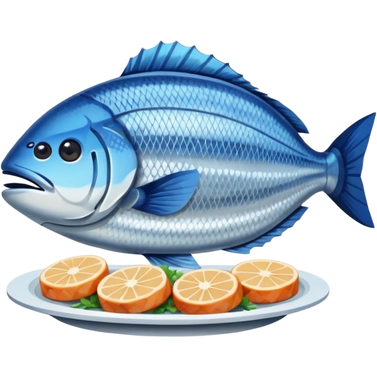 Fish dishes avatar in bright emoji-style illustration. Grilled fish, fillets, and seafood, blue and silver tones, simple shapes, flat design, fresh and flavorful. emoji
