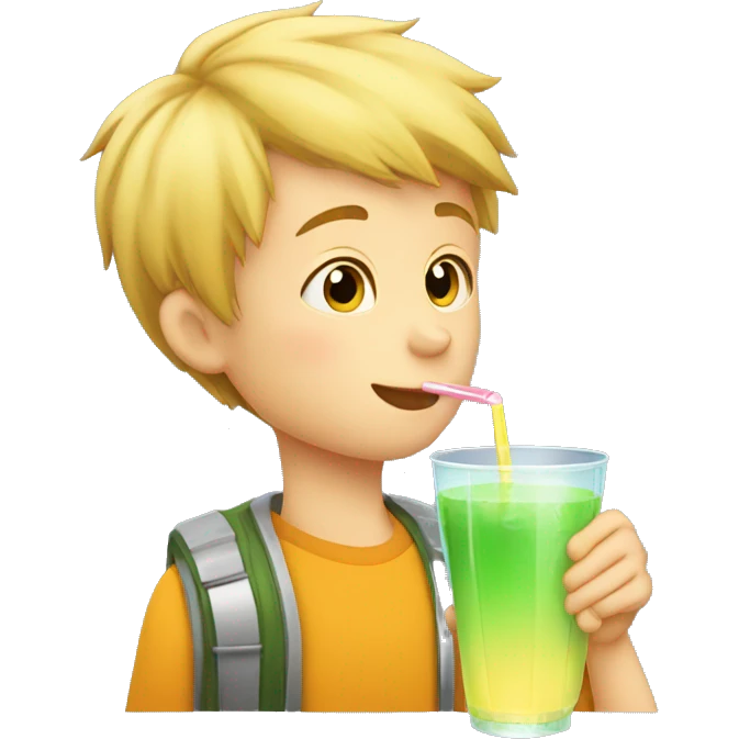 A blonde boy sucking or drinking juice with a straw while his hand is holding the drink, profile view emoji