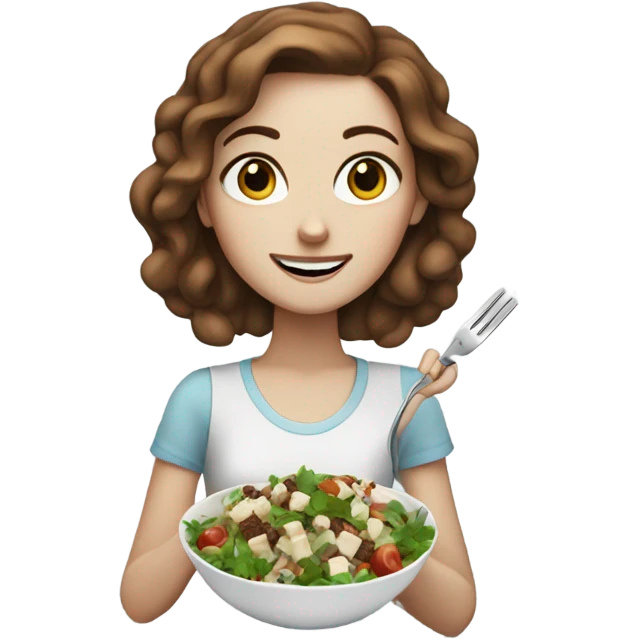White girl with freackles Brown hair blue eyes eating Tofu salad with fork emoji