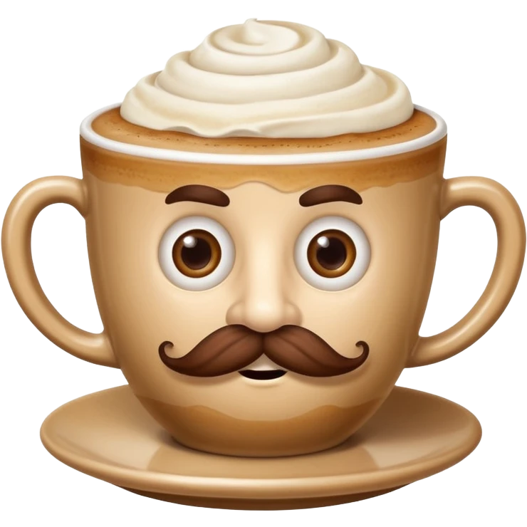 humorous cappuccino cup emoji with exaggerated Italian features like mustache and expressive dazed silly eyes, representing Italian brainrot cappuccino emoji