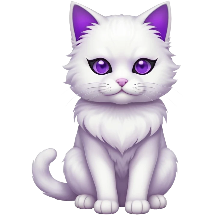 white cat full body sitting with a mask and purple eyes emoji