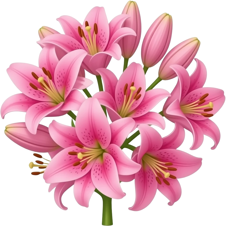 A cluster of vibrant pink lilies in full bloom, featuring prominent golden anthers and delicate speckled petals. The image has a whimsical, retro aesthetic with a shimmering glitter overlay and a clean, transparent background emoji