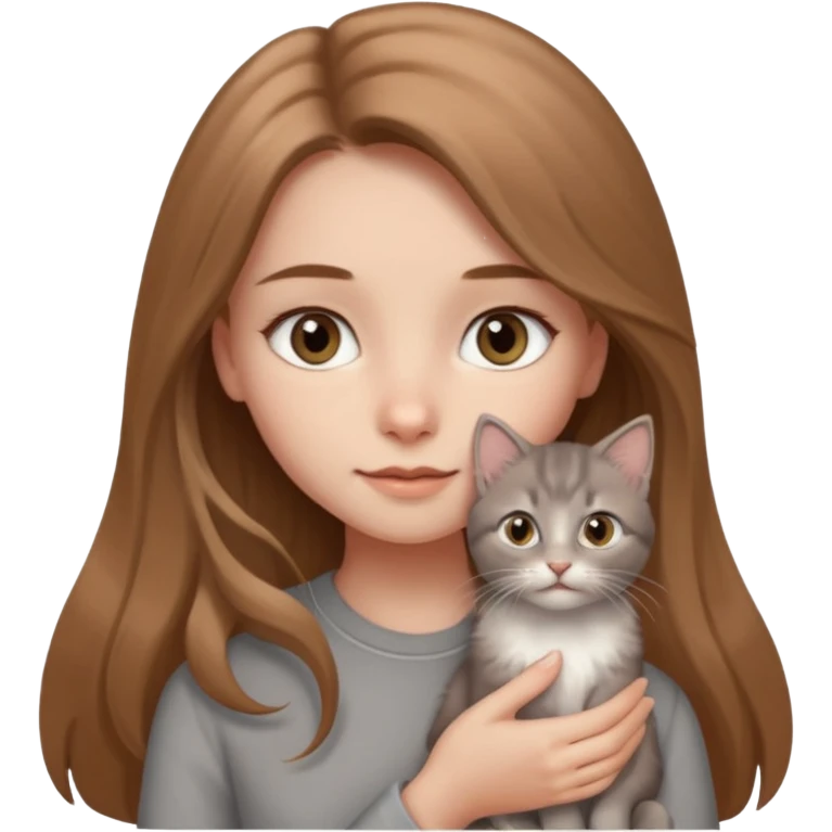 a light brown long hair with grey eyes girl and grey kitten emoji