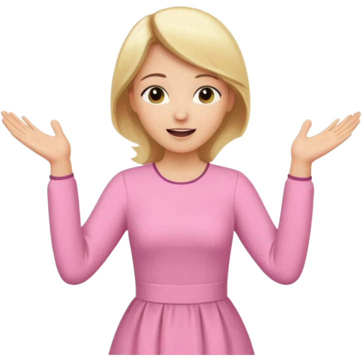 Mujer rubia morena clara cabello liso vestido modesto lindo rosado alzando sus manos cantando emoji