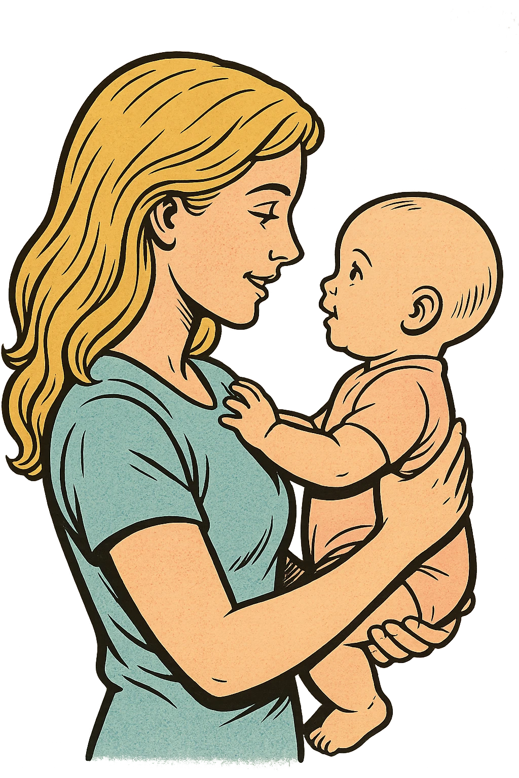 adult woman with long blonde hair holding a baby in her arms, they look at each other, side view, old school comic book style, thin clean contours, soft rounded shapes, pastel palette, detailed shadows and highlights, soft lighting emoji