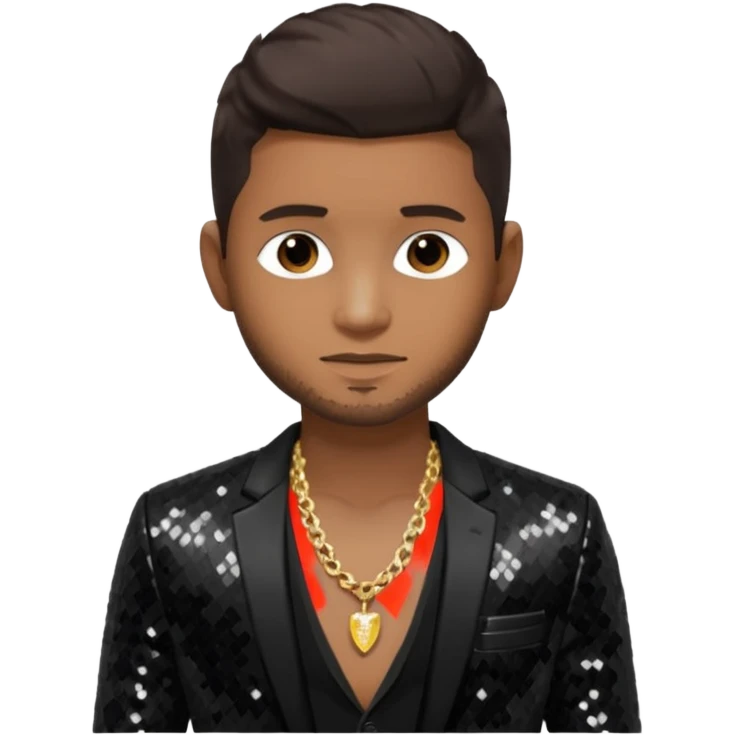 Usher with dark brown hair, black sequin suit jacket, shirtless with necklace emoji