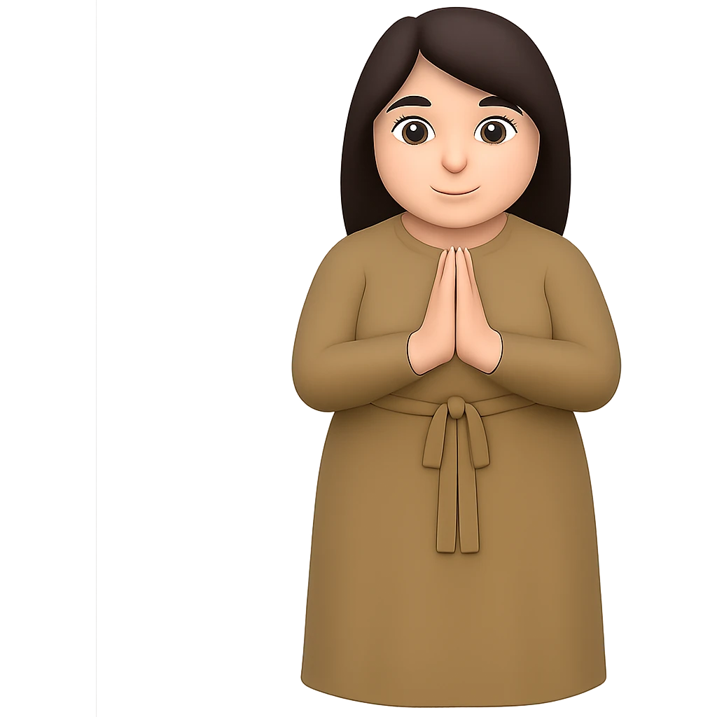Make the woman a little thicker (not very thin), standing and praying from the front view, wearing a long tan dress, with dark brown hair, in emoji style, with no background. emoji