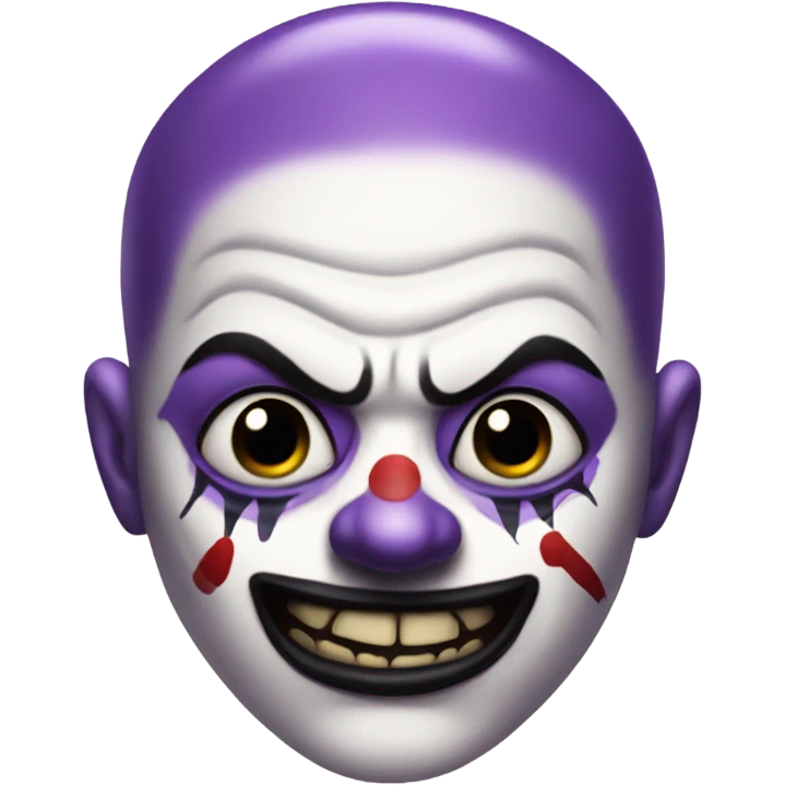 evil clown, bald top of head, purple hair on side of his head that stick out, scars on his face, black lipstick emoji