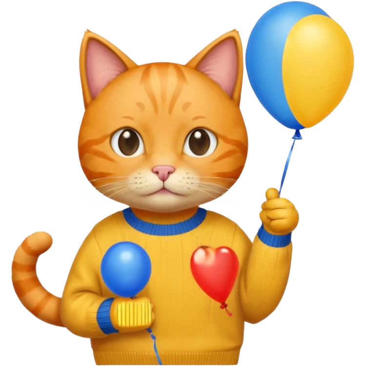 orange Cat hold blue balloon, yellow sweater emoji