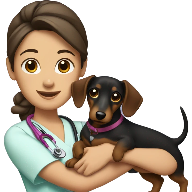 Brunette woman with a top knot wearing scrubs holding a dachshund in her arms emoji