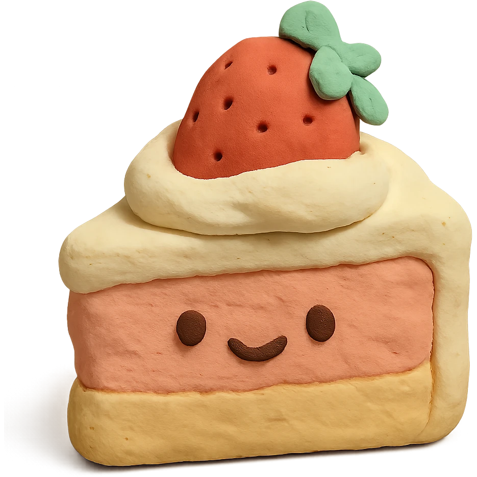 cute strawberry cake with whipped cream, smiling face, kawaii, soft light, hand-drawn look emoji