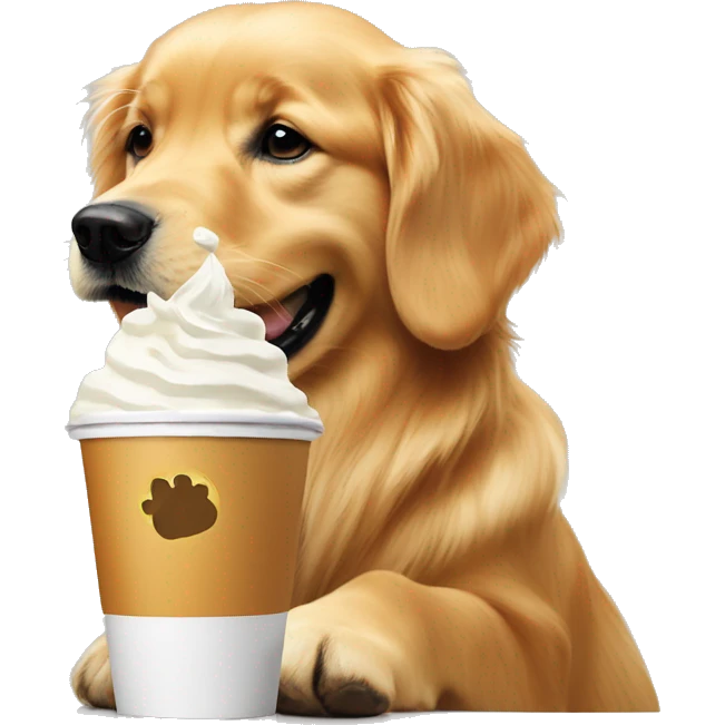 Golden retriever licking whipped cream out of small Starbucks cup emoji
